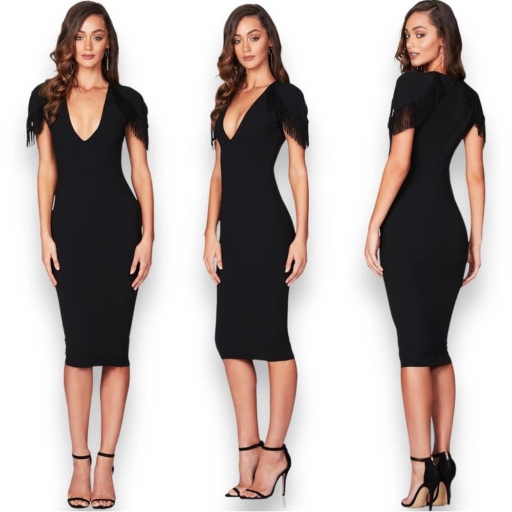 Nookie Black Mendez Fridge Detail Shoulder V-Neck Bodycon Party Midi Dress S - Picture 2 of 14